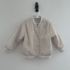 Zara Kids Varsity Bomber Jacket - Beige Always Feliz Ambitious Dreamer - 3-4Y